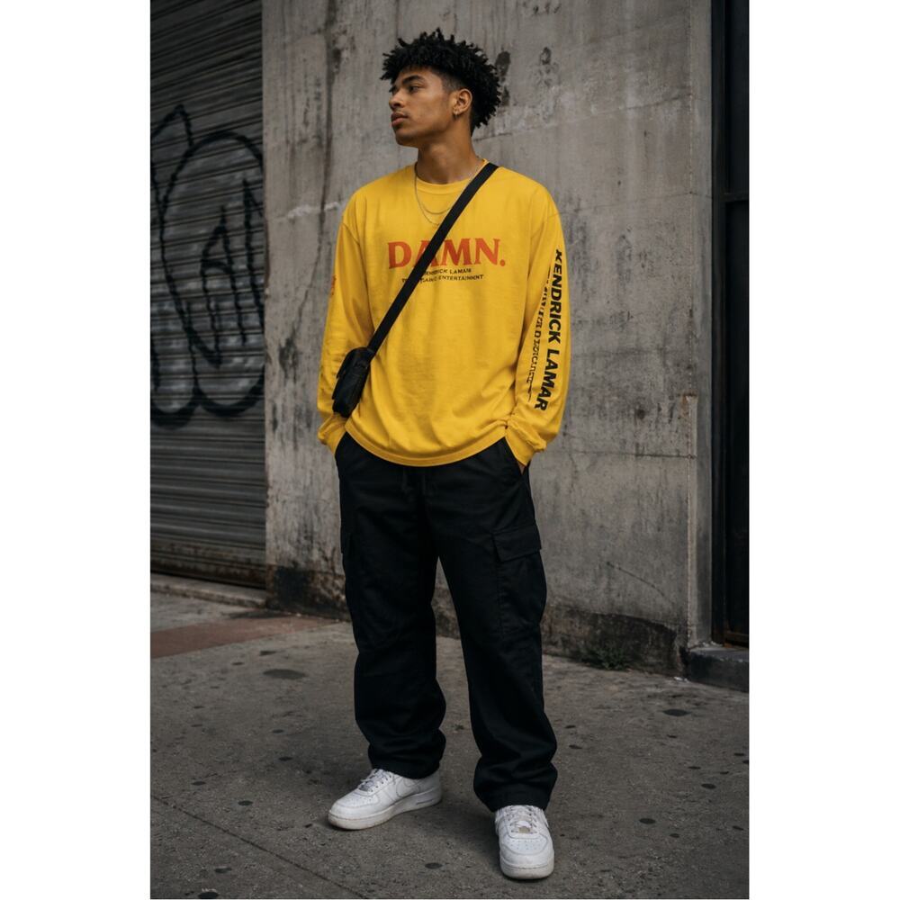 Kendrick Lamar DAMN Tour Long Sleeve Shirt Yellow TDE Graphic Tee XL